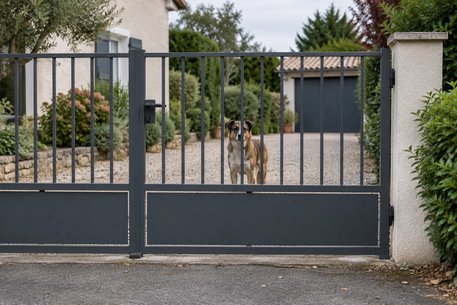 Illustration IA : chien inconnu dans une cour résidentielle, observé à distance derrière une barrière