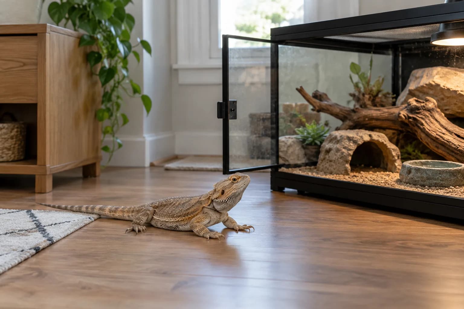 Illustration IA : pogona au sol près de son terrarium dans une pièce du logement