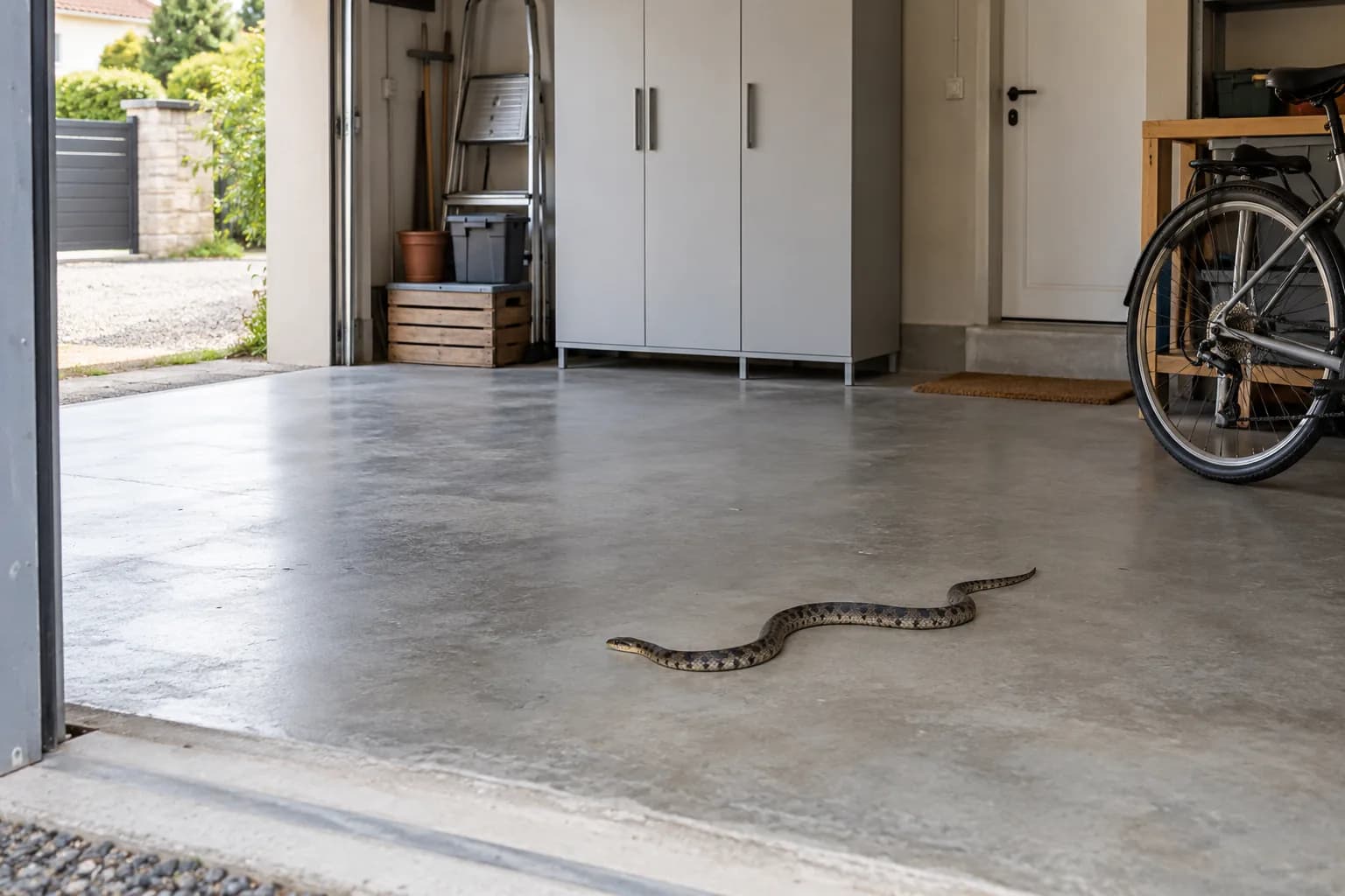 Illustration IA : serpent au sol dans un garage avec des rangements et un vélo