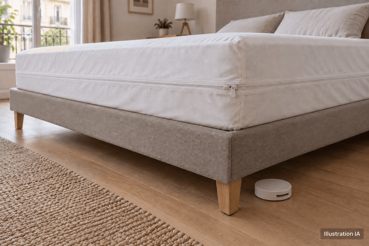 Illustration IA : housse de matelas et dispositif de surveillance génériques dans un logement fictif.