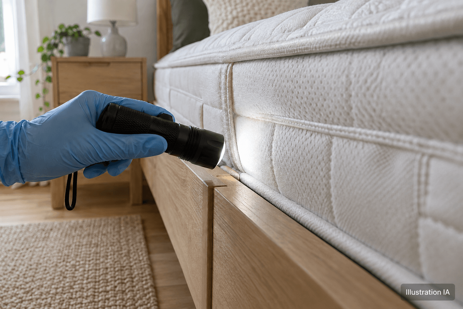 Illustration d’une inspection des coutures d’un matelas à la lampe