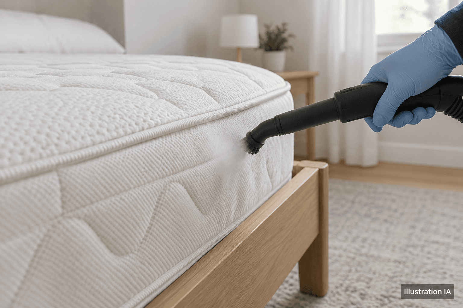 Illustration IA : passage de vapeur sèche près d’un matelas dans un logement fictif.