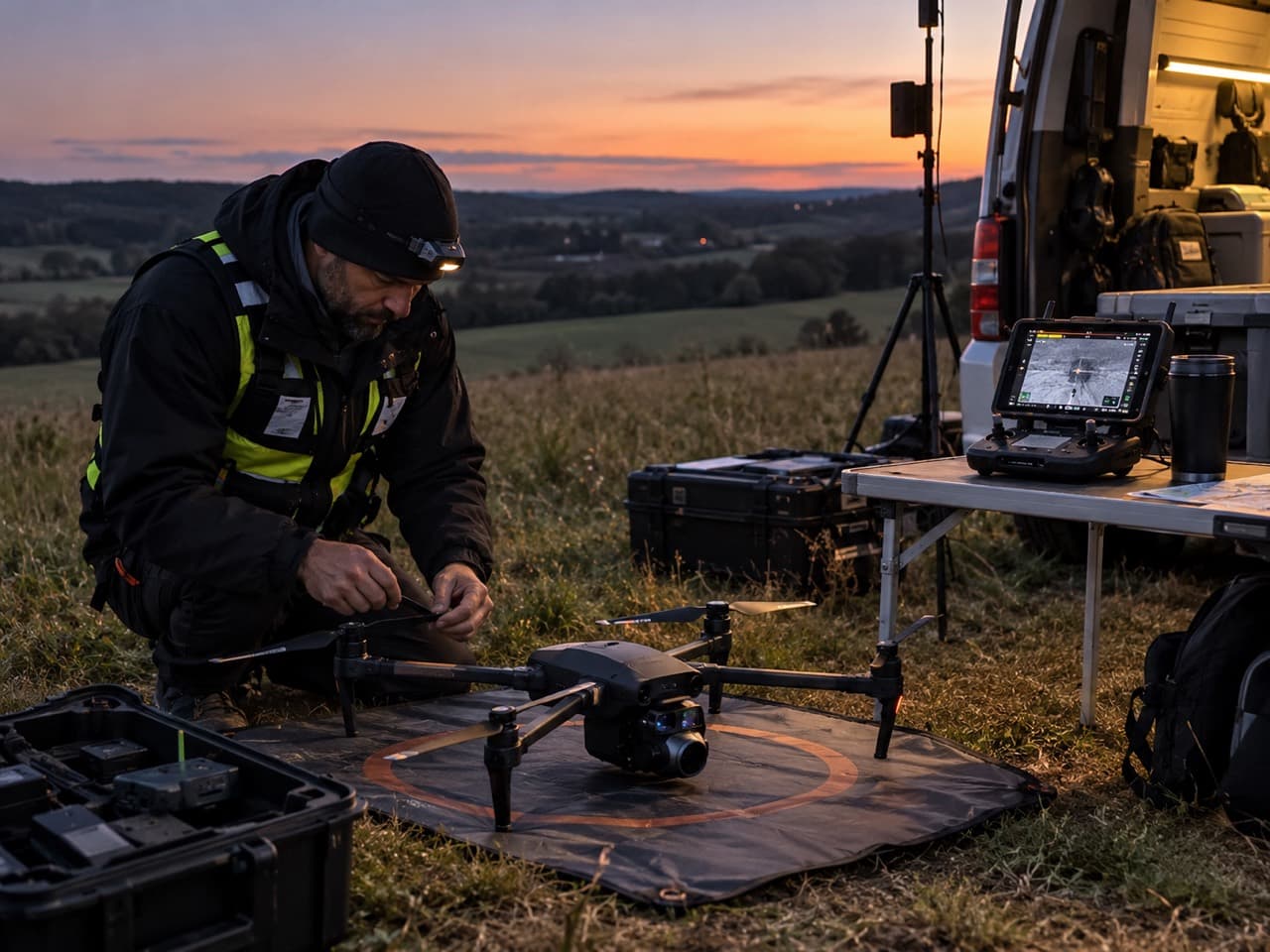 Intervenant préparant un drone pour une recherche de chien perdu à Rouen