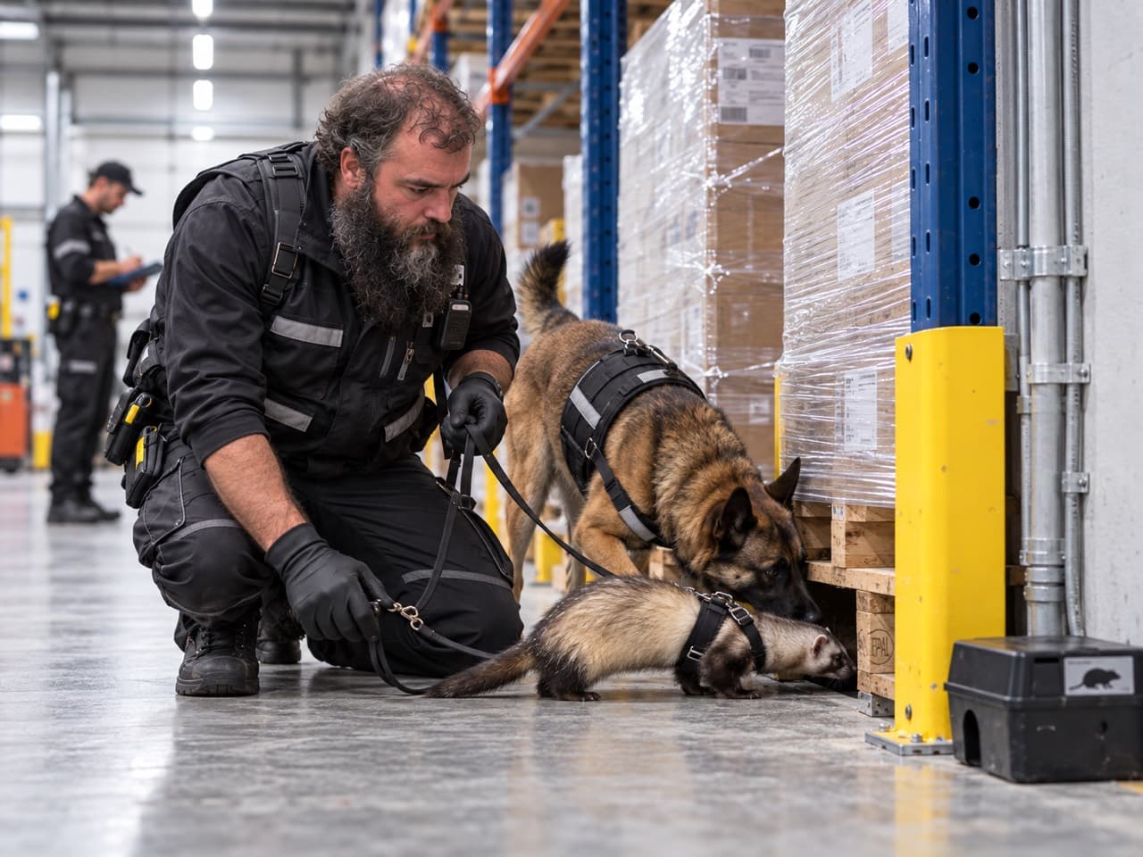 Illustration générée par IA : professionnel avec un chien et un furet près de palettes dans un entrepôt
