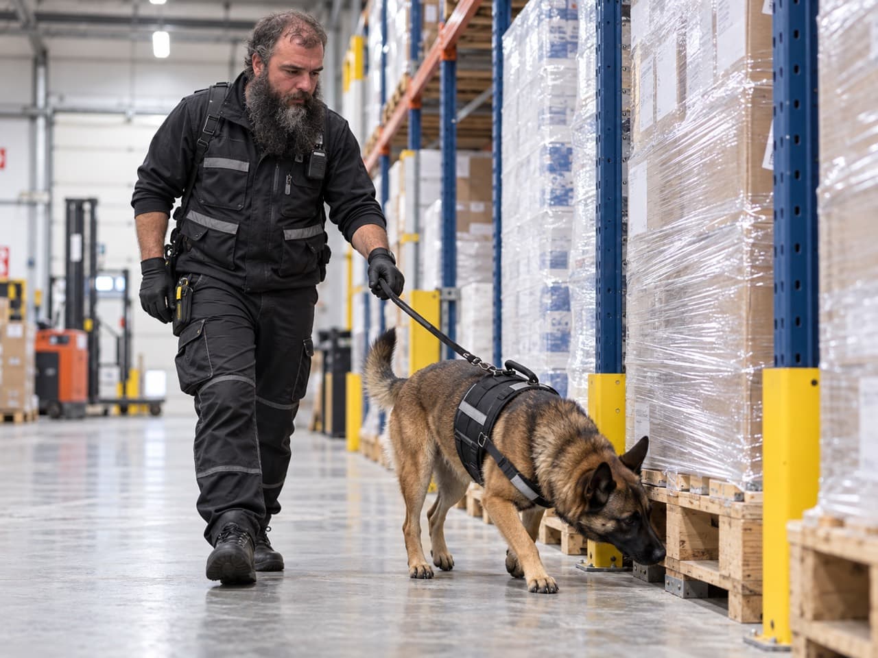 Illustration générée par IA : professionnel guidant un chien qui renifle le pied des palettes dans une allée de stockage