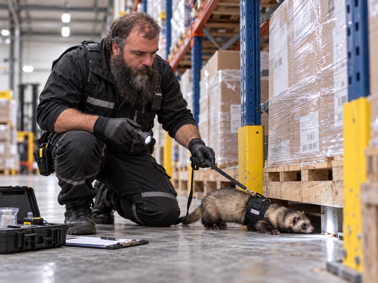 Illustration générée par IA : professionnel tenant un furet en harnais près d’une palette et éclairant le sol